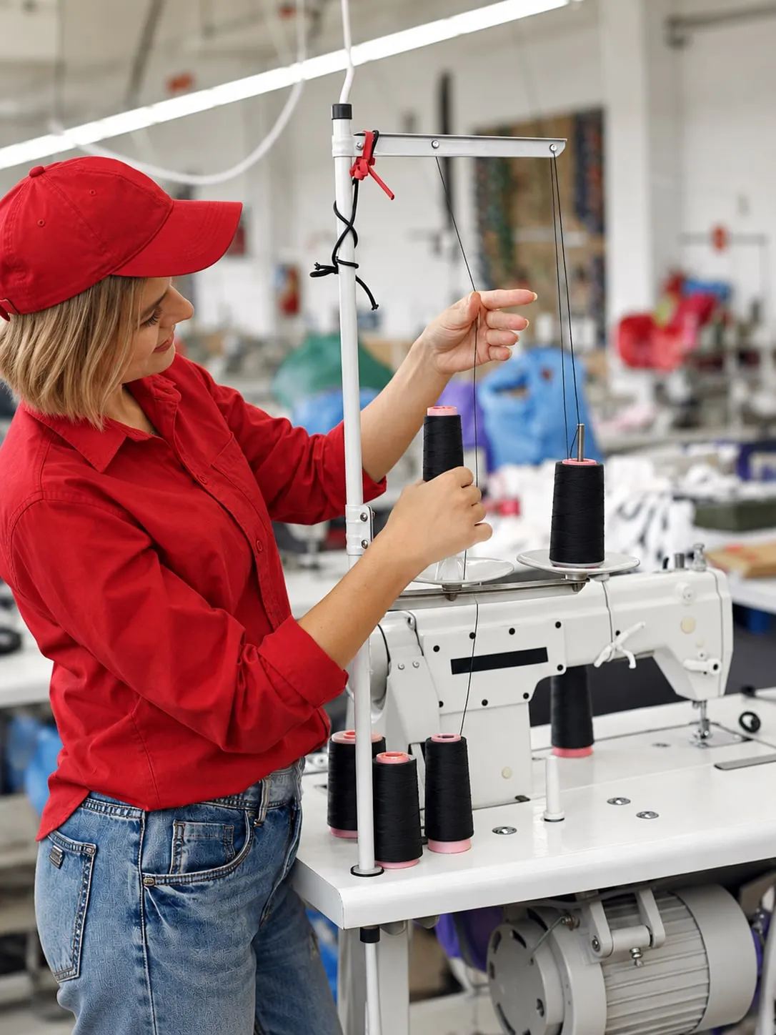 A garment maker threading black thread through a sewing machine