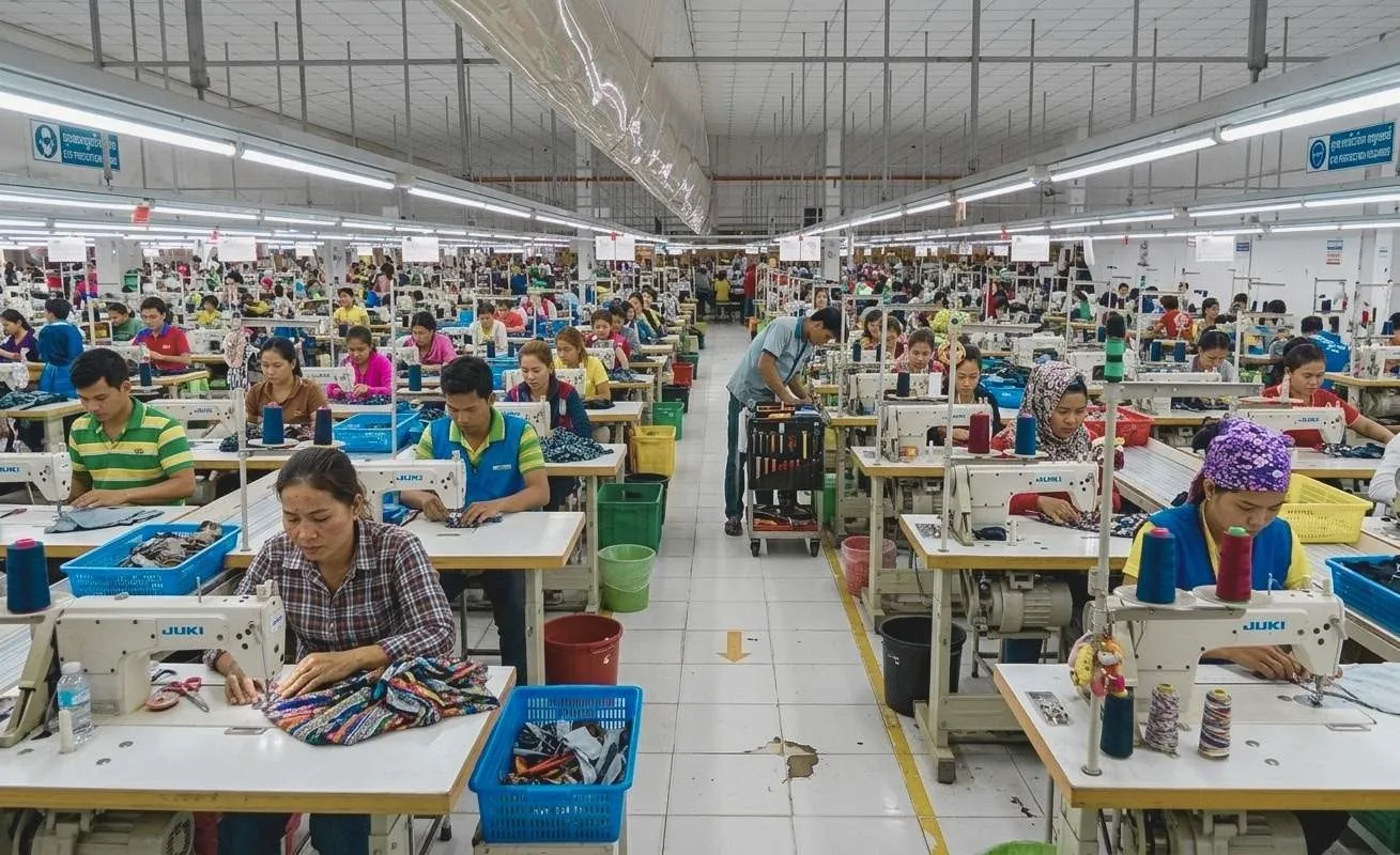 A large garment factory floor with rows of sewing machines and workers