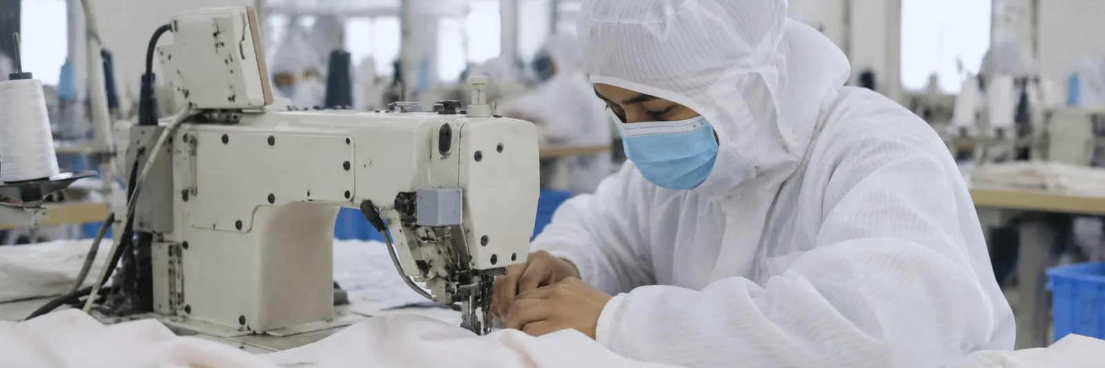 A worker in a protective suit and mask stitching white fabric on an industrial sewing machine
